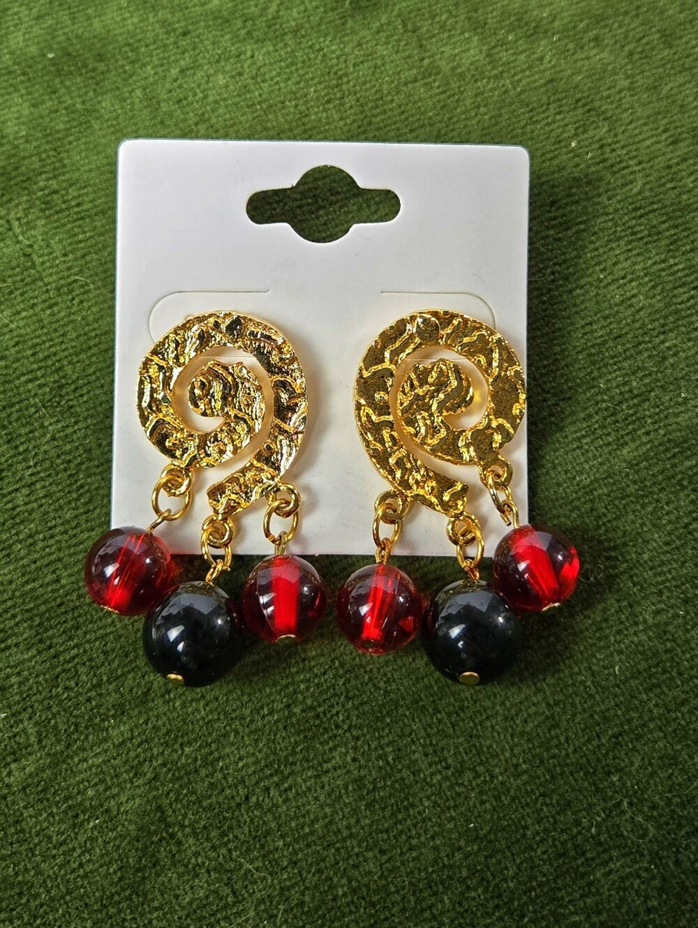 Gold Tone Spiral Drop Earrings with Red and Black Beads Stud Earrings
